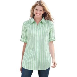 Woman Within Plus Size Petite Short-Sleeve Button Down Seersucker Shirt(Grass Stripe)