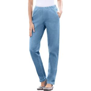 Woman Within Plus Size Straight Leg Elastic Waist Stretch Fineline Denim Jean (Petite & Tall Available)(Light Stonewash)