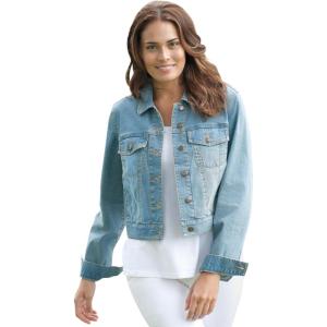 Woman Within Plus Size Stretch Denim Jacket Cropped Jean Jacket(Light Wash Sanded)