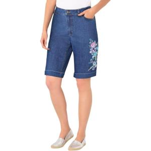 Woman Within Plus Size Stretch-Denim Five-Pocket Bermuda Jeans Shorts(Medium Stonewash Floral Embroidery)