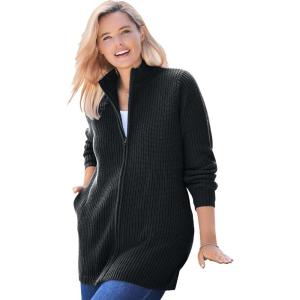 Woman Within Plus Size Zip Front Shaker Cardigan Sweater(Black)