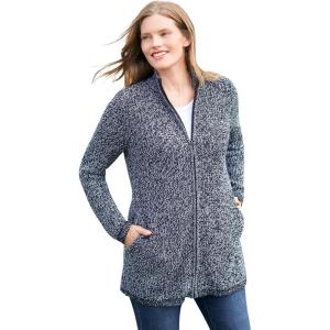 Woman Within Plus Size Zip Front Shaker Cardigan Sweater(Black White Marled)