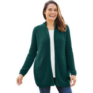 Woman Within Plus Size Zip Front Shaker Cardigan Sweater(Emerald Green)