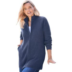 Woman Within Plus Size Zip Front Shaker Cardigan Sweater(Navy)
