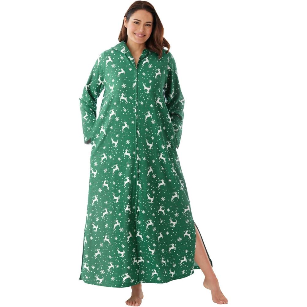 image:imageDreams amp Co Plus Size Long Hooded Fleece Sweatshirt RobeEmerald Reindeer