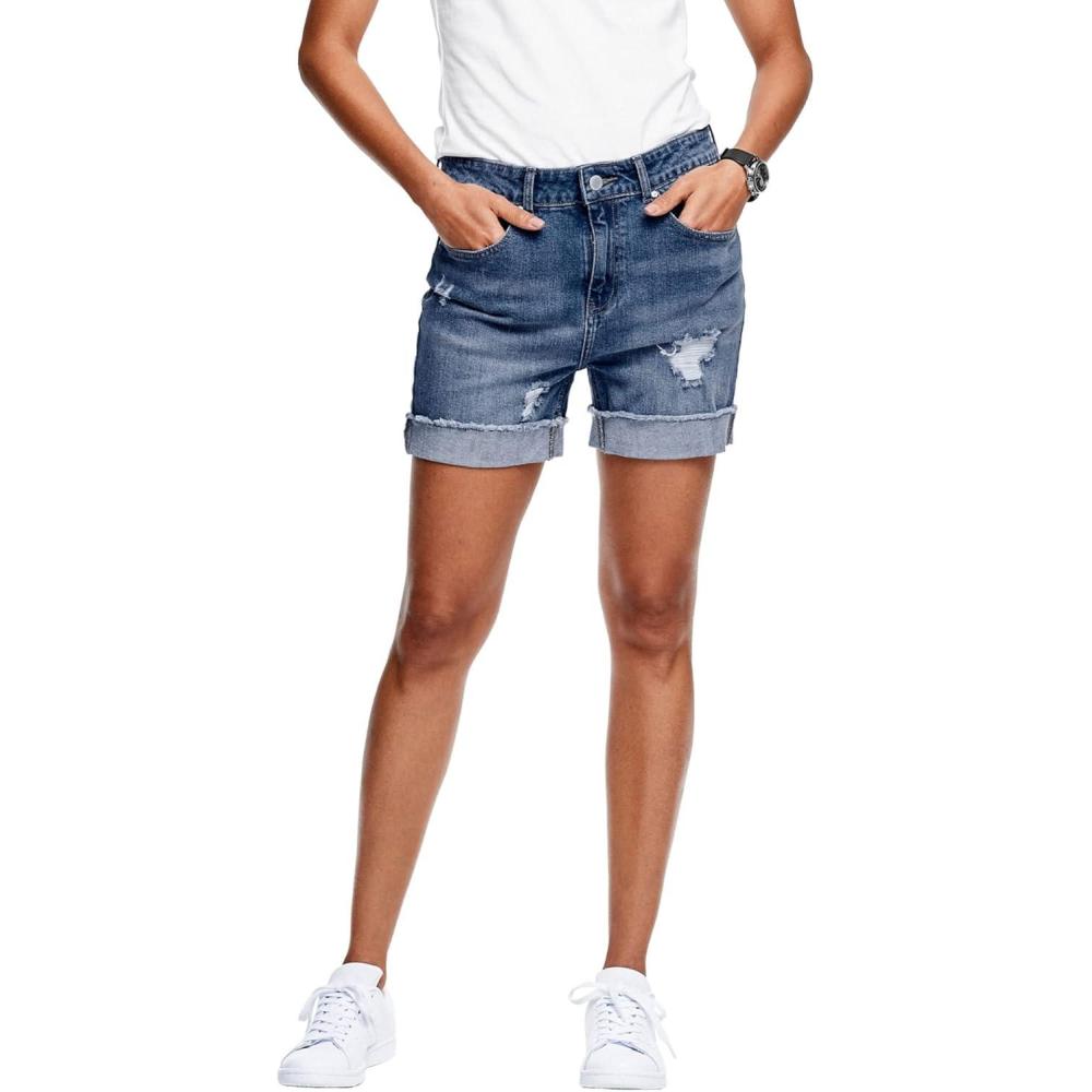 image:imageEllos Plus Size MidRise Stretch Frayed Cuff Hem ShortsMedium Blue Distressed
