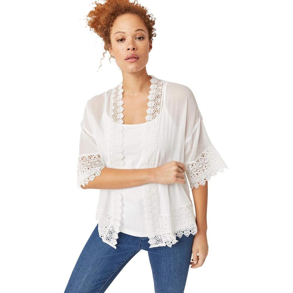 image:imageEllos Womens Plus Size Sheer Lace Trim wrap Cardigan OversizedWhite