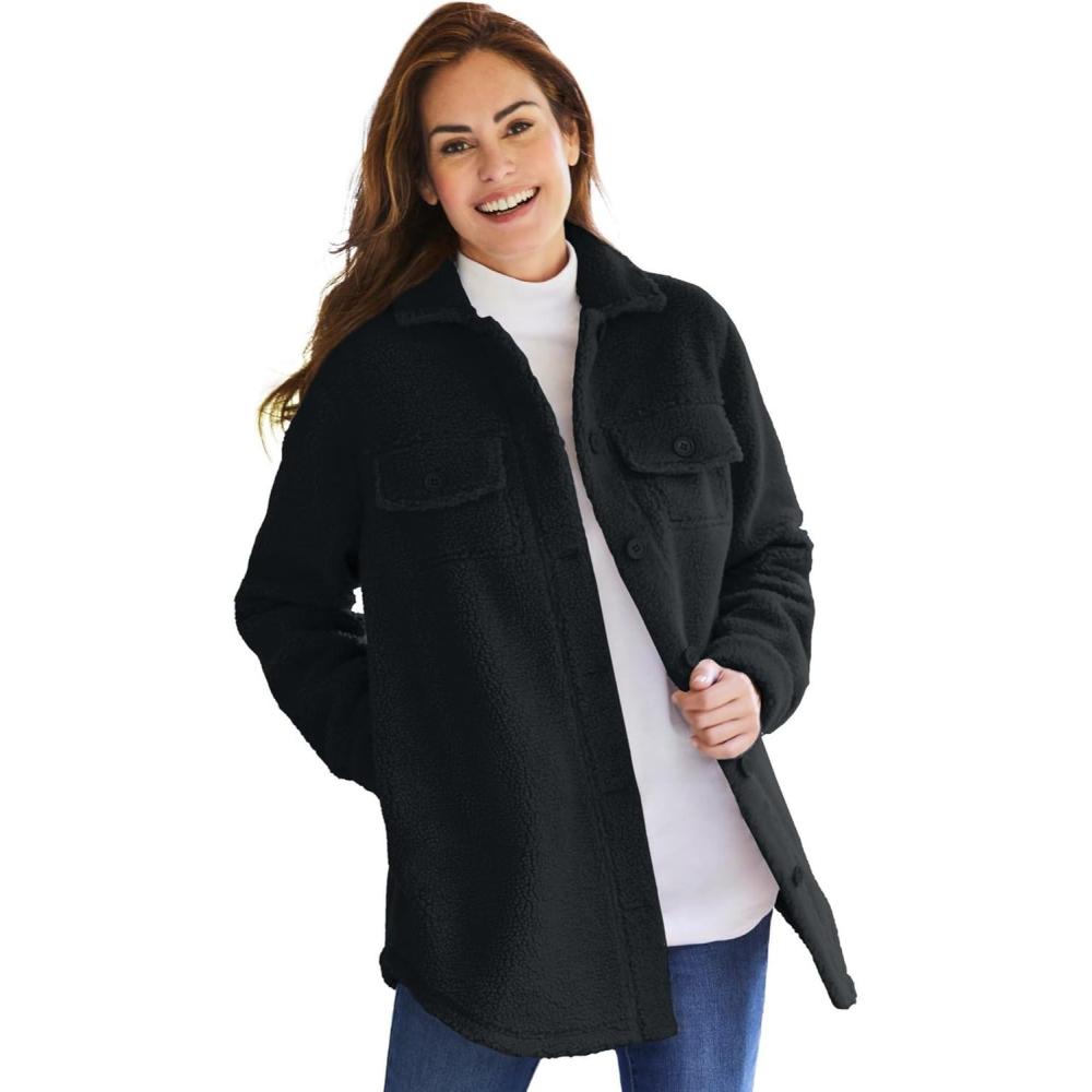 image:imageWoman Within Plus Size Berber Shirt Jacket Long Oversized Fuzzy Fleece ShacketBlack