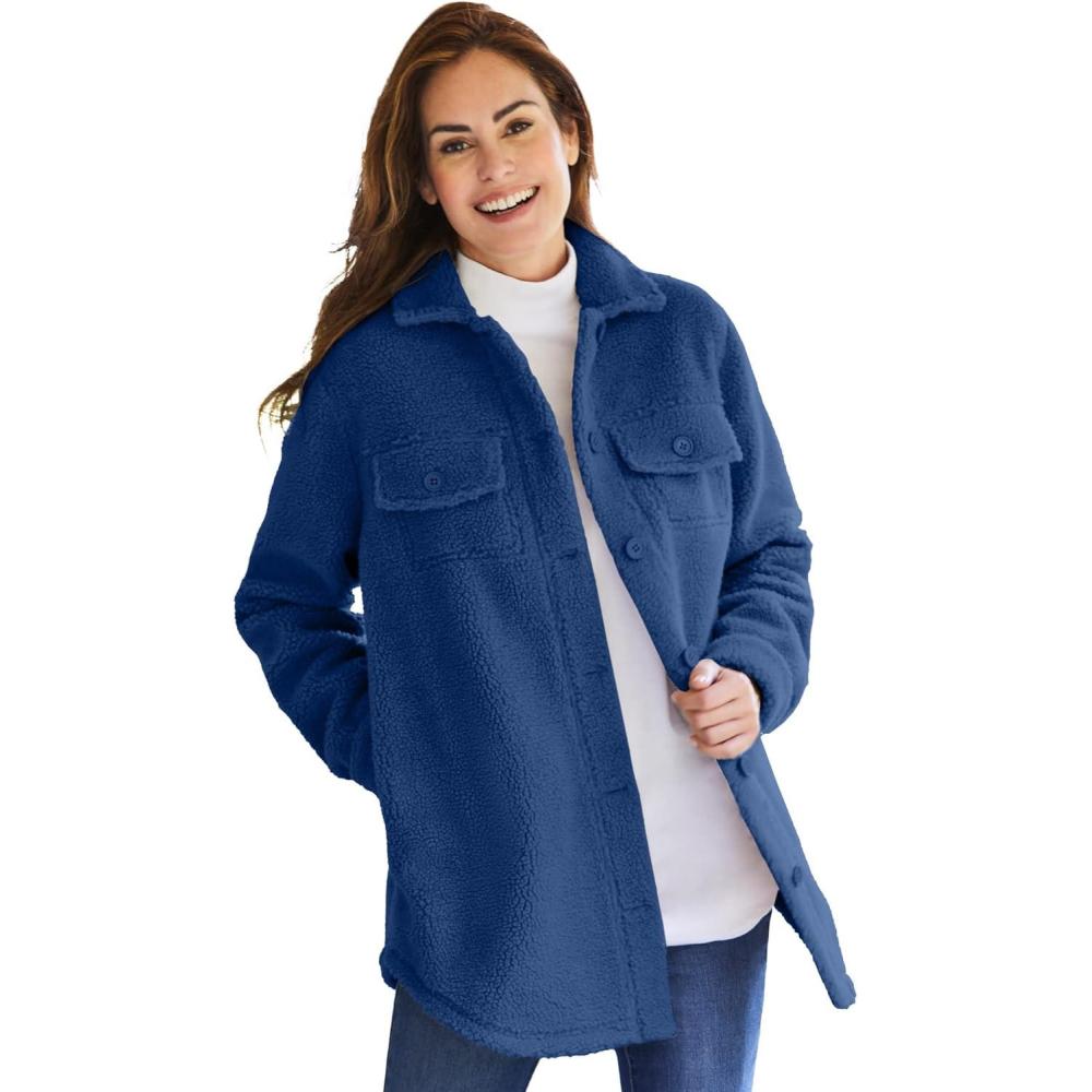 image:imageWoman Within Plus Size Berber Shirt Jacket Long Oversized Fuzzy Fleece ShacketEvening Blue