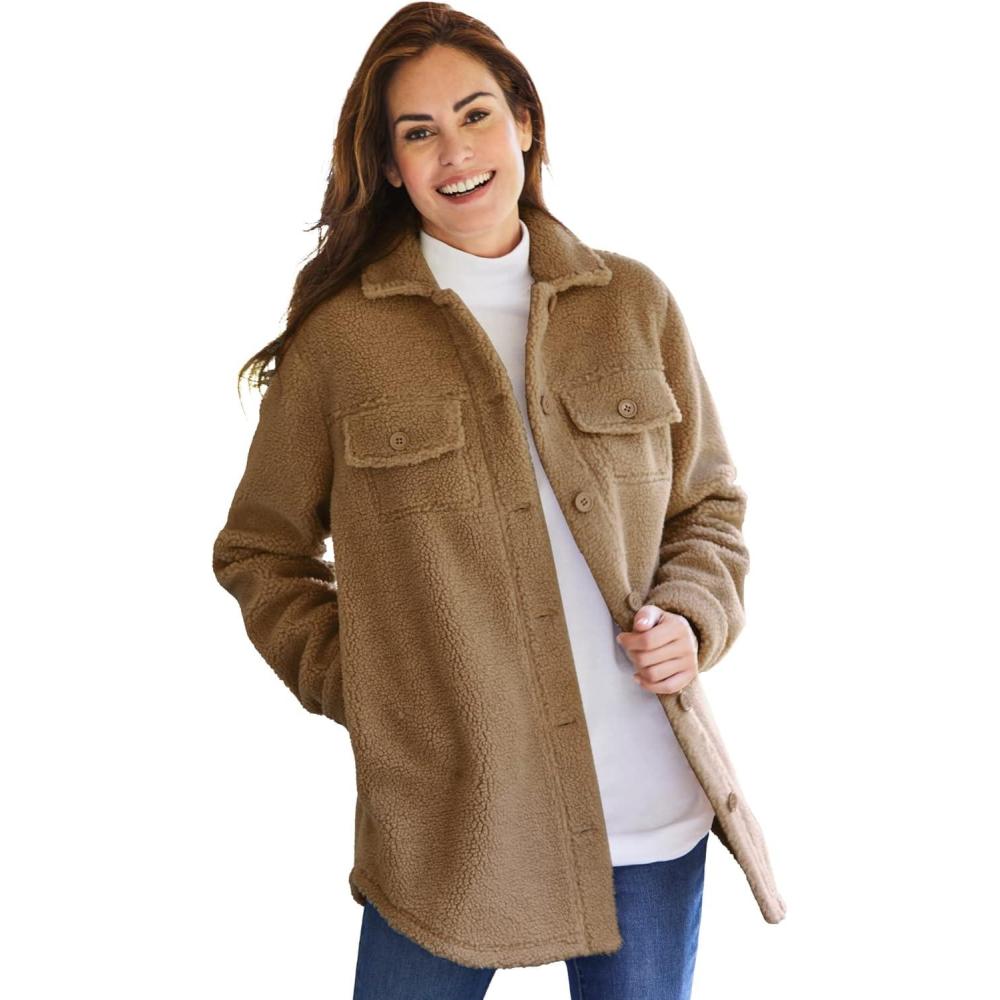 image:imageWoman Within Plus Size Berber Shirt Jacket Long Oversized Fuzzy Fleece ShacketToffee