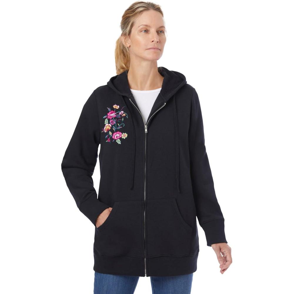 image:imageWoman Within Plus Size Better Fleece ZipFront Hoodie Long Oversized SweatshirtBlack Floral Embroidery
