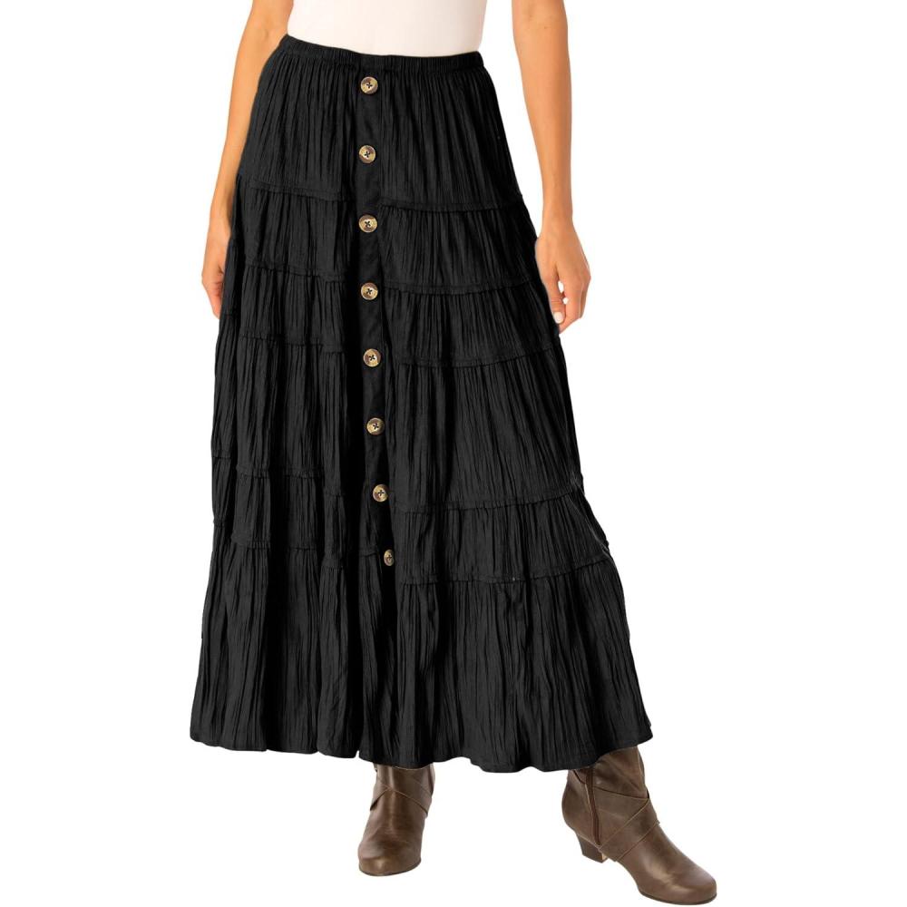 image:imageWoman Within Plus Size Button Front Moleskin Tiered Maxi Skirt Petite AvailableBlack