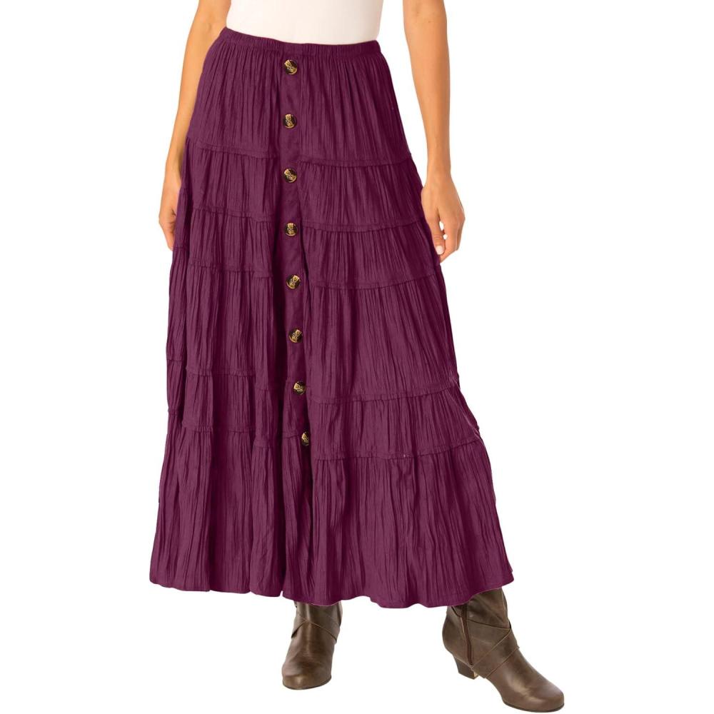 image:imageWoman Within Plus Size Button Front Moleskin Tiered Maxi Skirt Petite AvailableDeep Claret