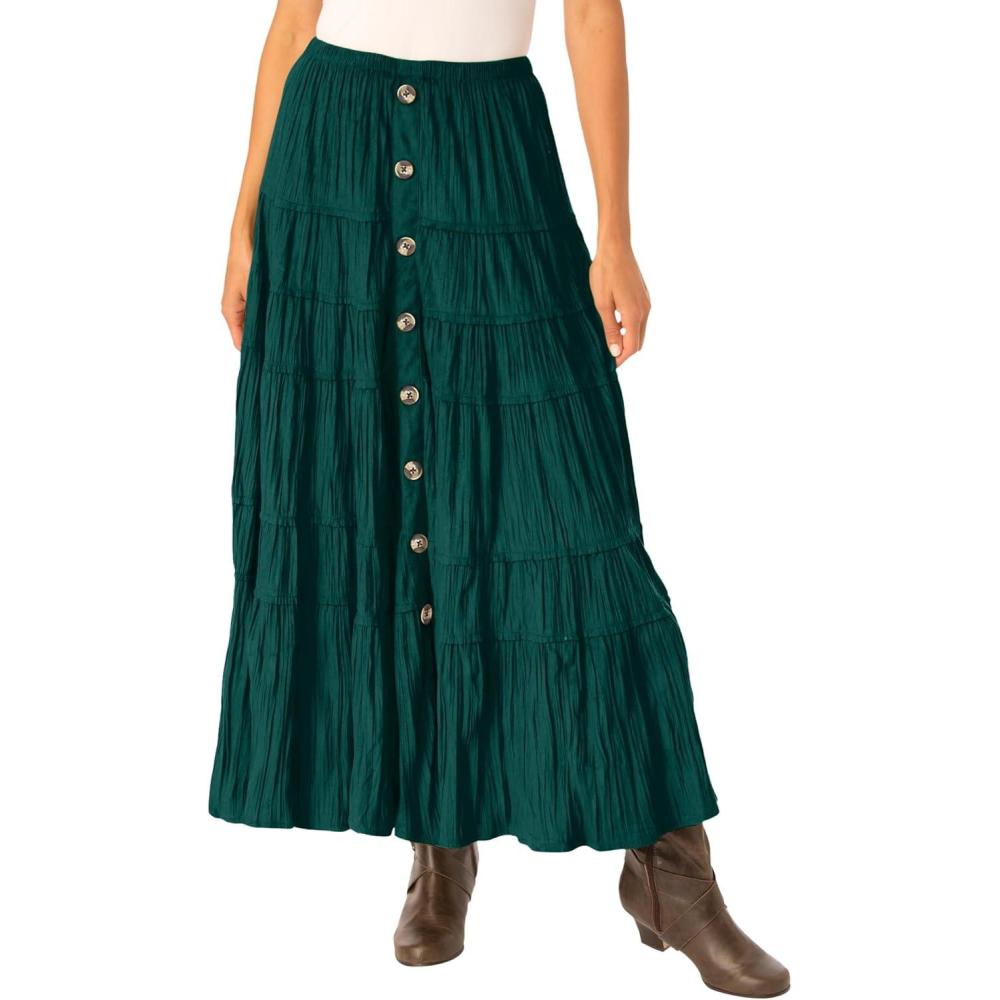 image:imageWoman Within Plus Size Button Front Moleskin Tiered Maxi Skirt Petite AvailableEmerald Green