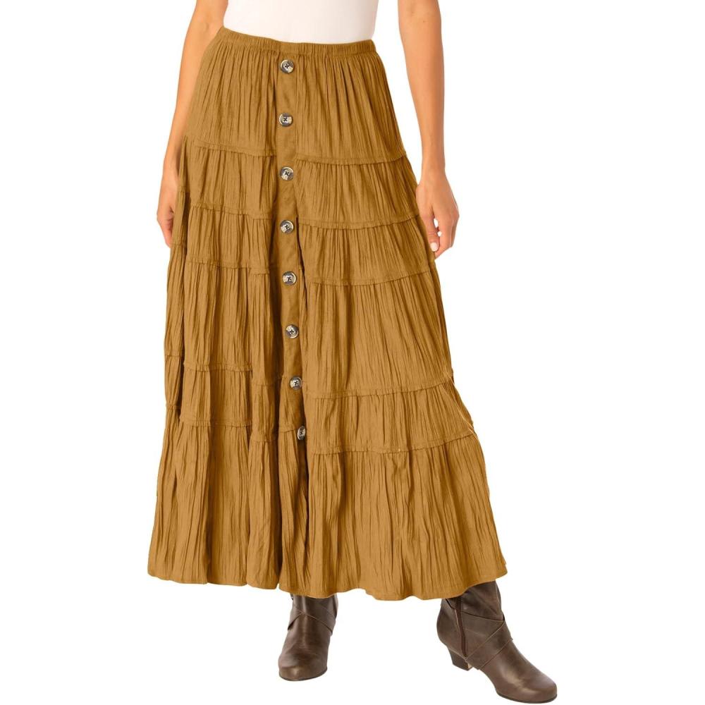 image:imageWoman Within Plus Size Button Front Moleskin Tiered Maxi Skirt Petite AvailableToffee