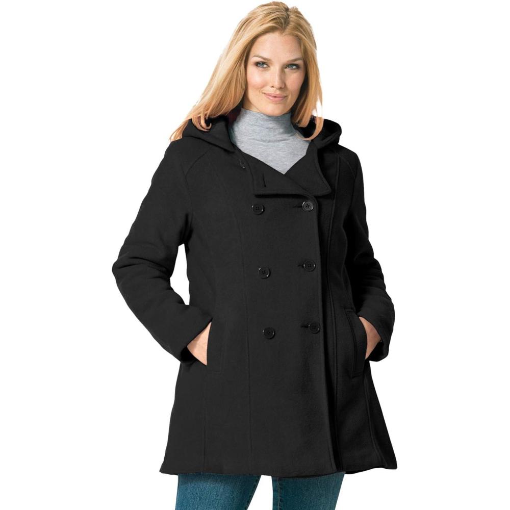 image:imageWoman Within Plus Size DoubleBreasted Hooded Fleece PeacoatBlack