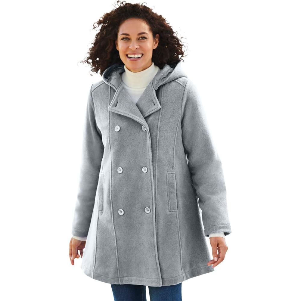 image:imageWoman Within Plus Size DoubleBreasted Hooded Fleece PeacoatGunmetal