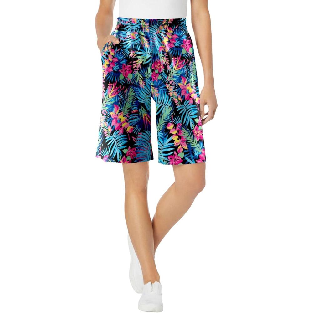 image:imageWoman Within Plus Size ElasticWaist Knit ShortBlack Multi Tropicana
