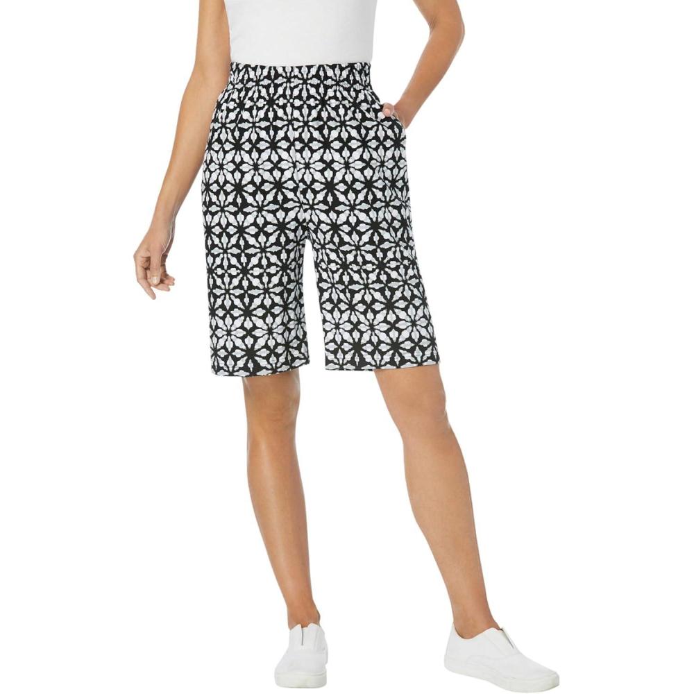 image:imageWoman Within Plus Size ElasticWaist Knit ShortBlack Watercolor Tile