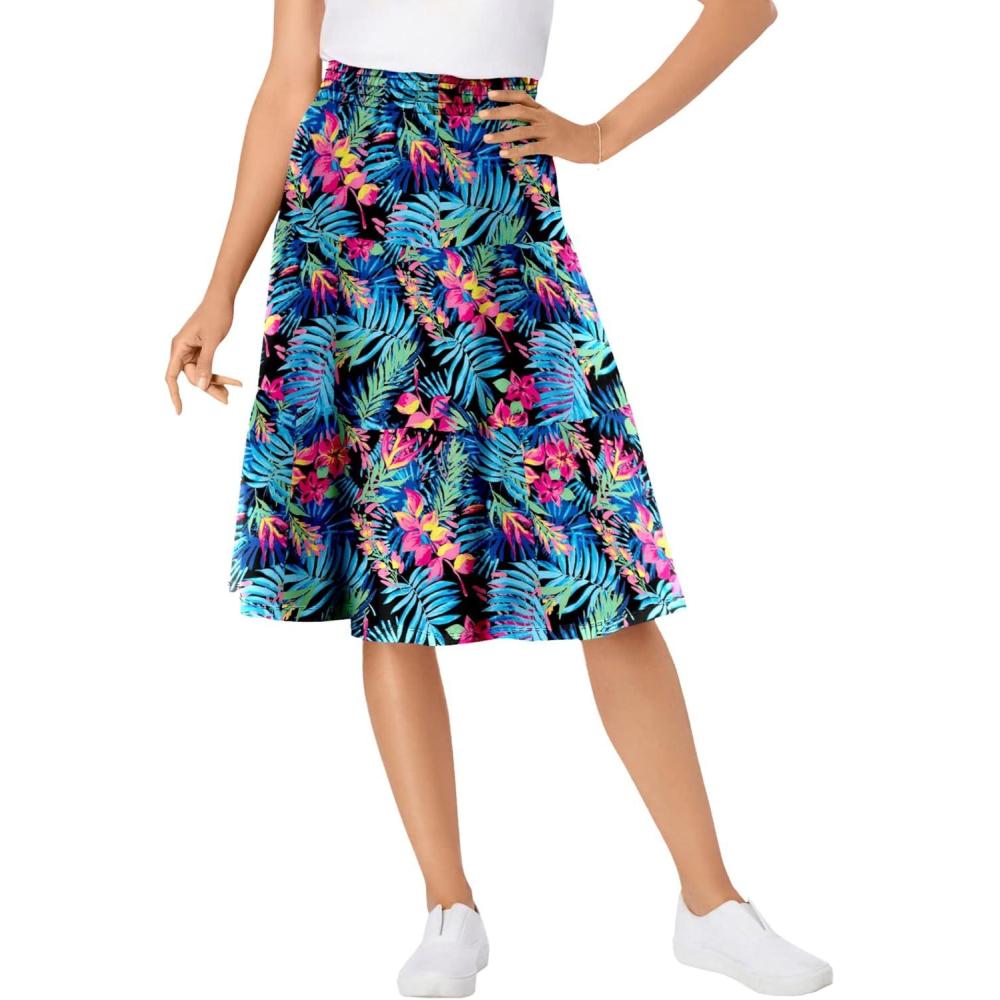 image:imageWoman Within Plus Size ElasticWaist Knit Tiered SkirtBlack Multi Watercolor Tropicana