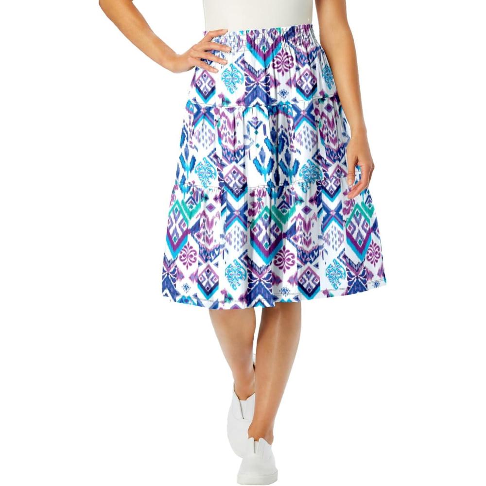 image:imageWoman Within Plus Size ElasticWaist Knit Tiered SkirtWhite Multi Batik