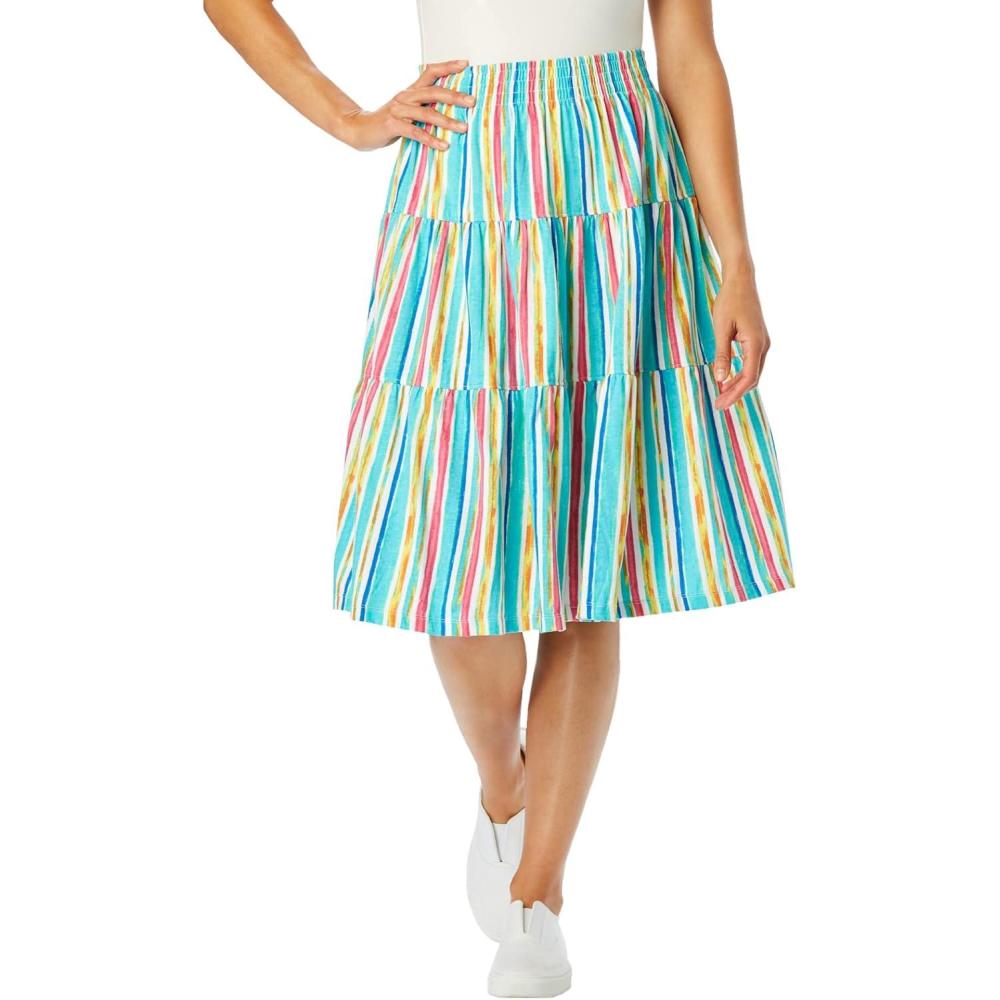 image:imageWoman Within Plus Size ElasticWaist Knit Tiered SkirtWhite Multi Watercolor Stripe