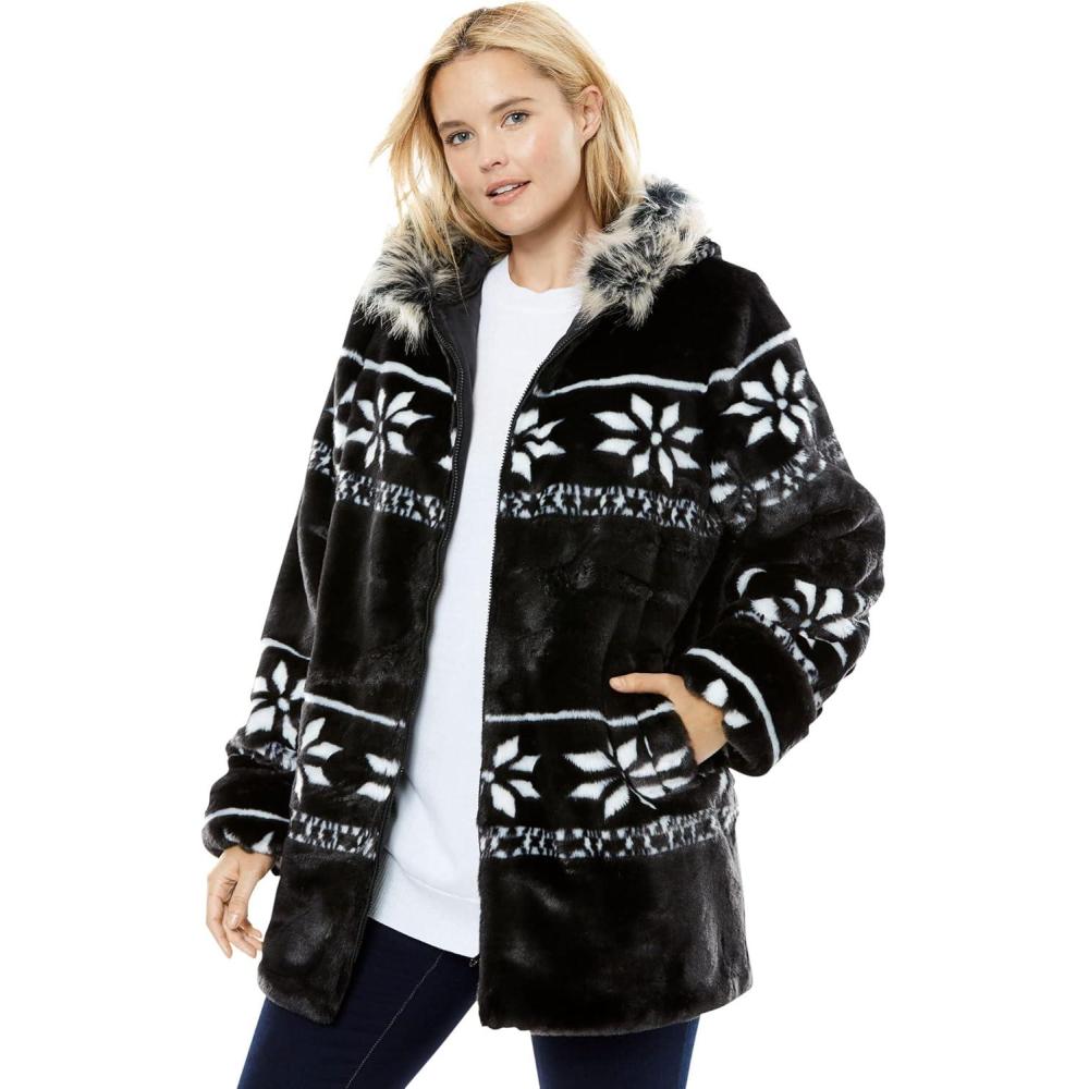 image:imageWoman Within Plus Size Faux Fur Snowflake Print Hooded JacketBlack Snowflake Fair Isle