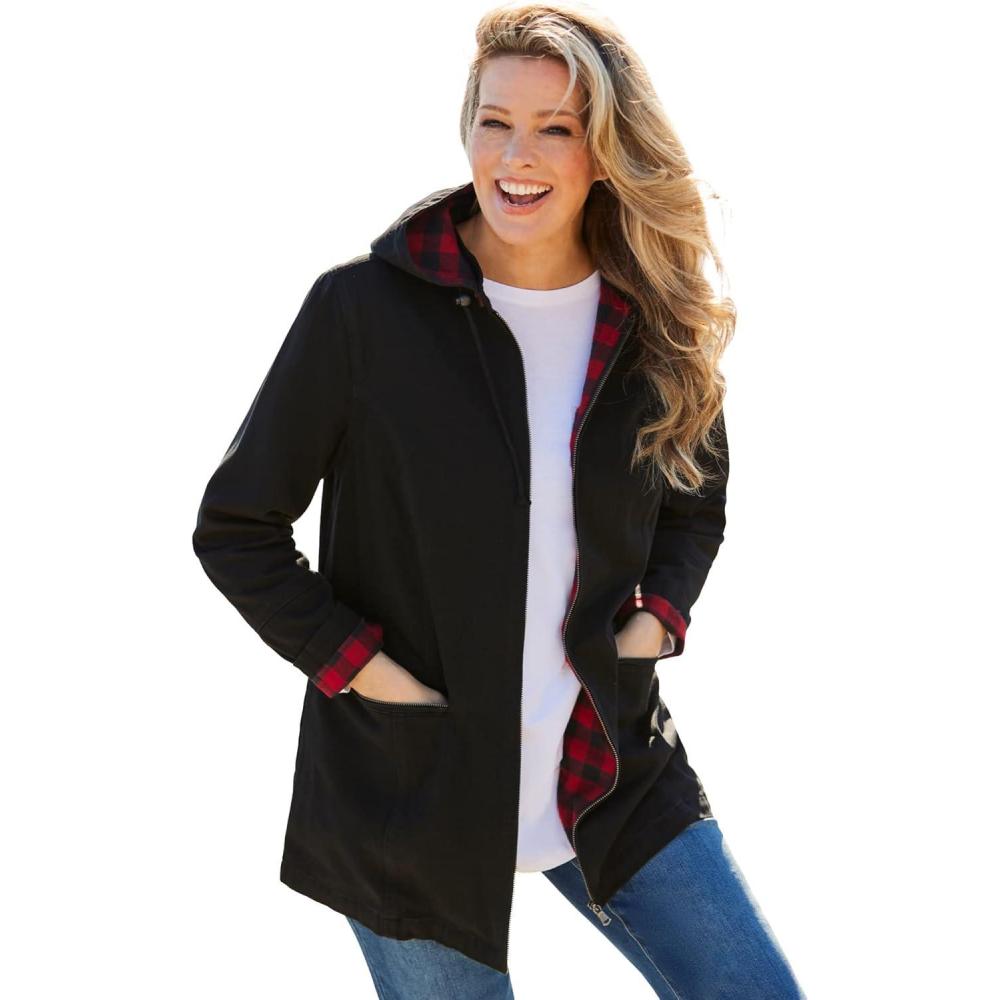 image:imageWoman Within Plus Size FlannelLined Denim Jacket Removable Hood Long Oversized Jean CoatBlack Twill Plaid