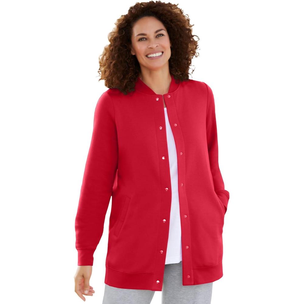 image:imageWoman Within Plus Size Fleece Baseball Jacket Long Oversized Fleece CoatClassic Red