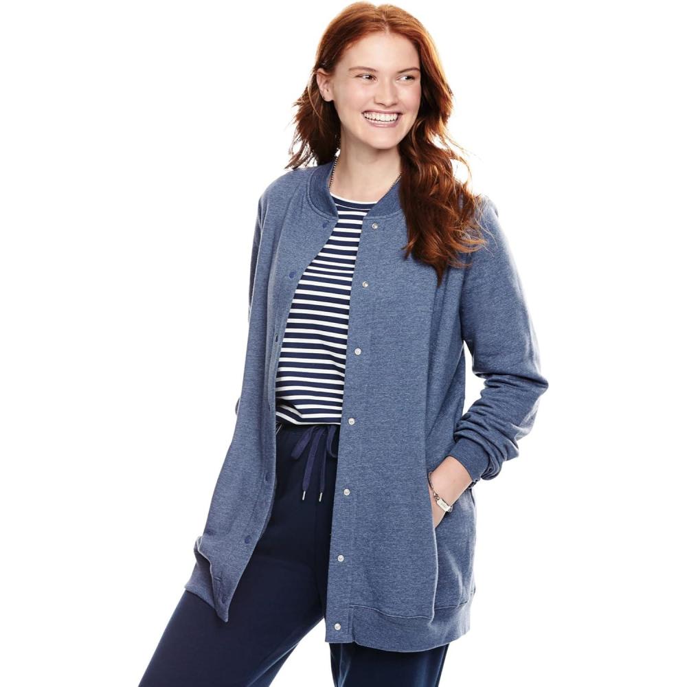 image:imageWoman Within Plus Size Fleece Baseball Jacket Long Oversized Fleece CoatHeather Navy