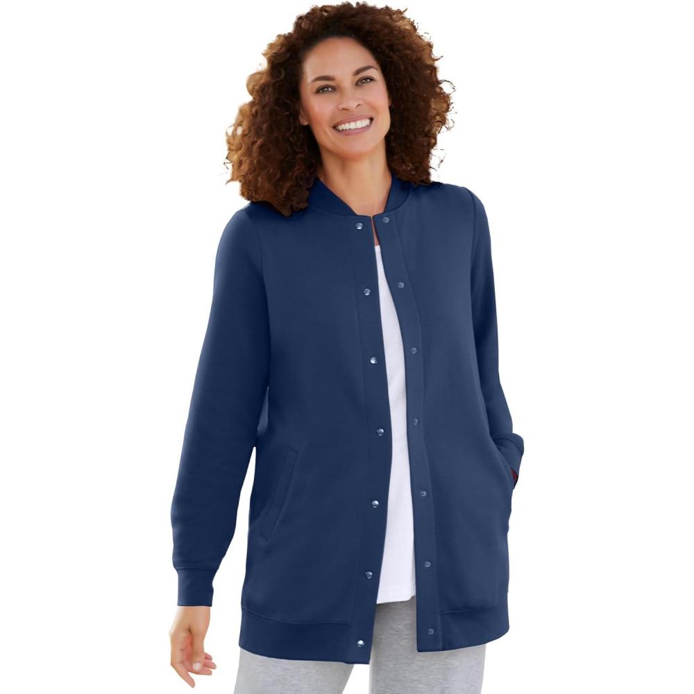 image:imageWoman Within Plus Size Fleece Baseball Jacket Long Oversized Fleece CoatNavy