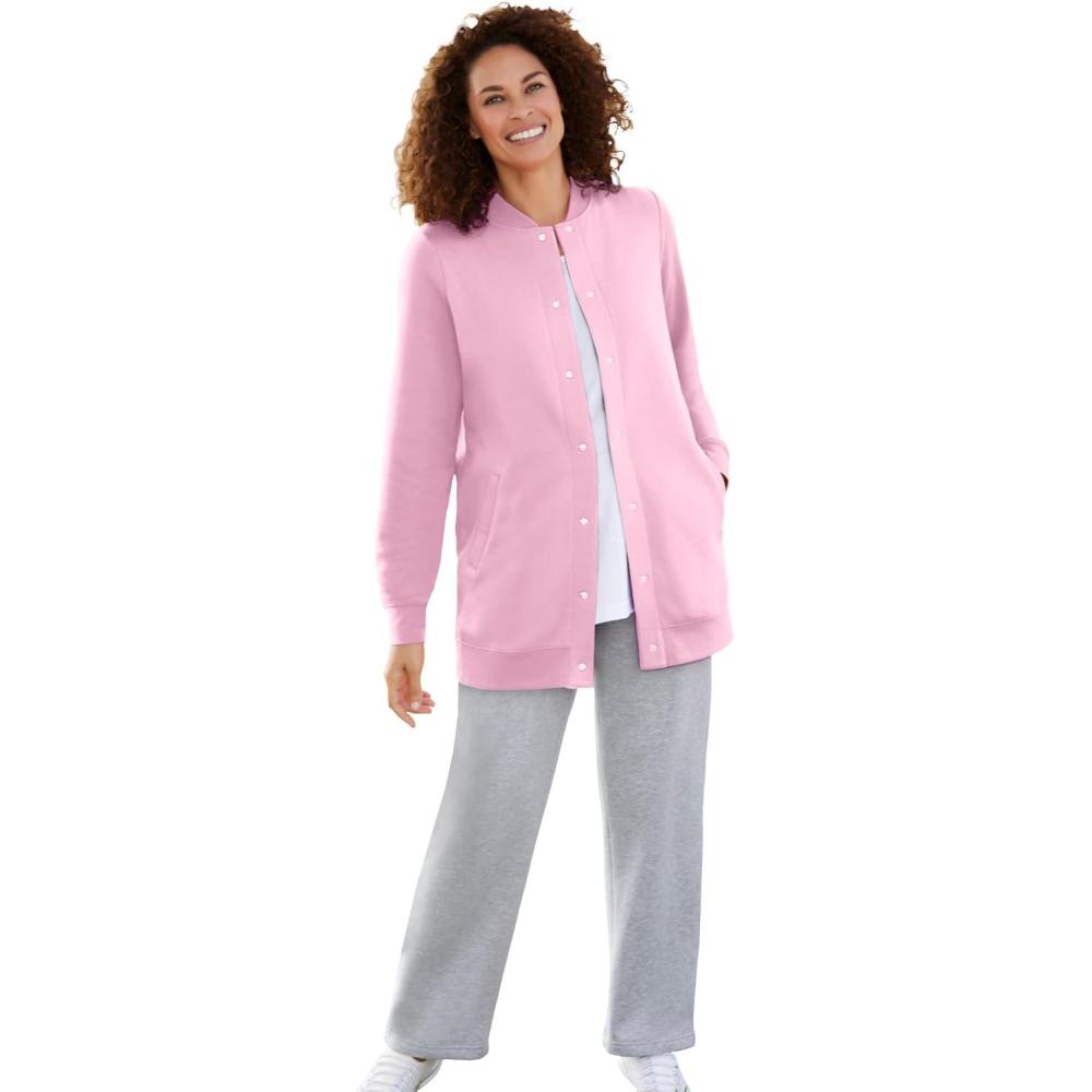 image:imageWoman Within Plus Size Fleece Baseball Jacket Long Oversized Fleece CoatPink