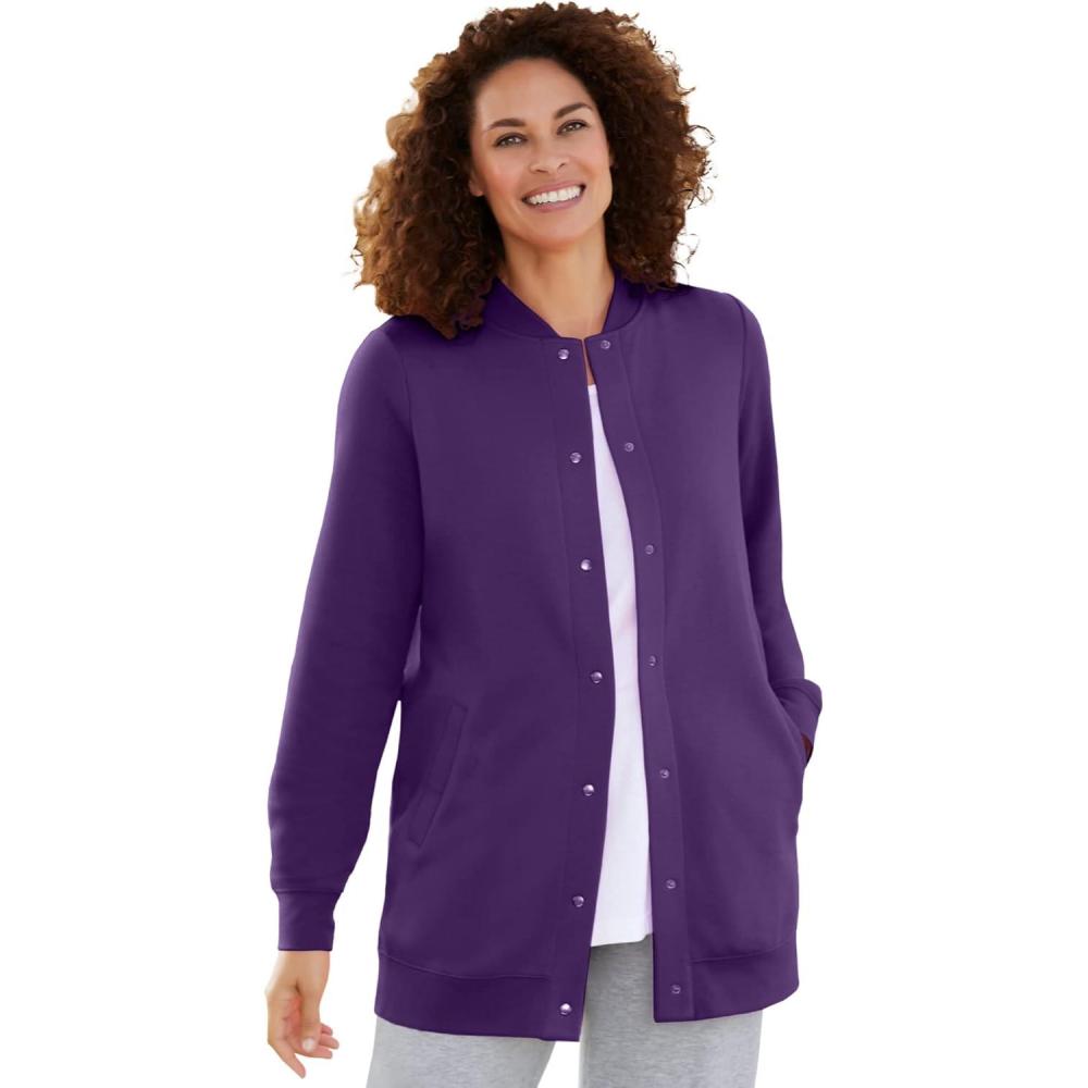 image:imageWoman Within Plus Size Fleece Baseball Jacket Long Oversized Fleece CoatRadiant Purple