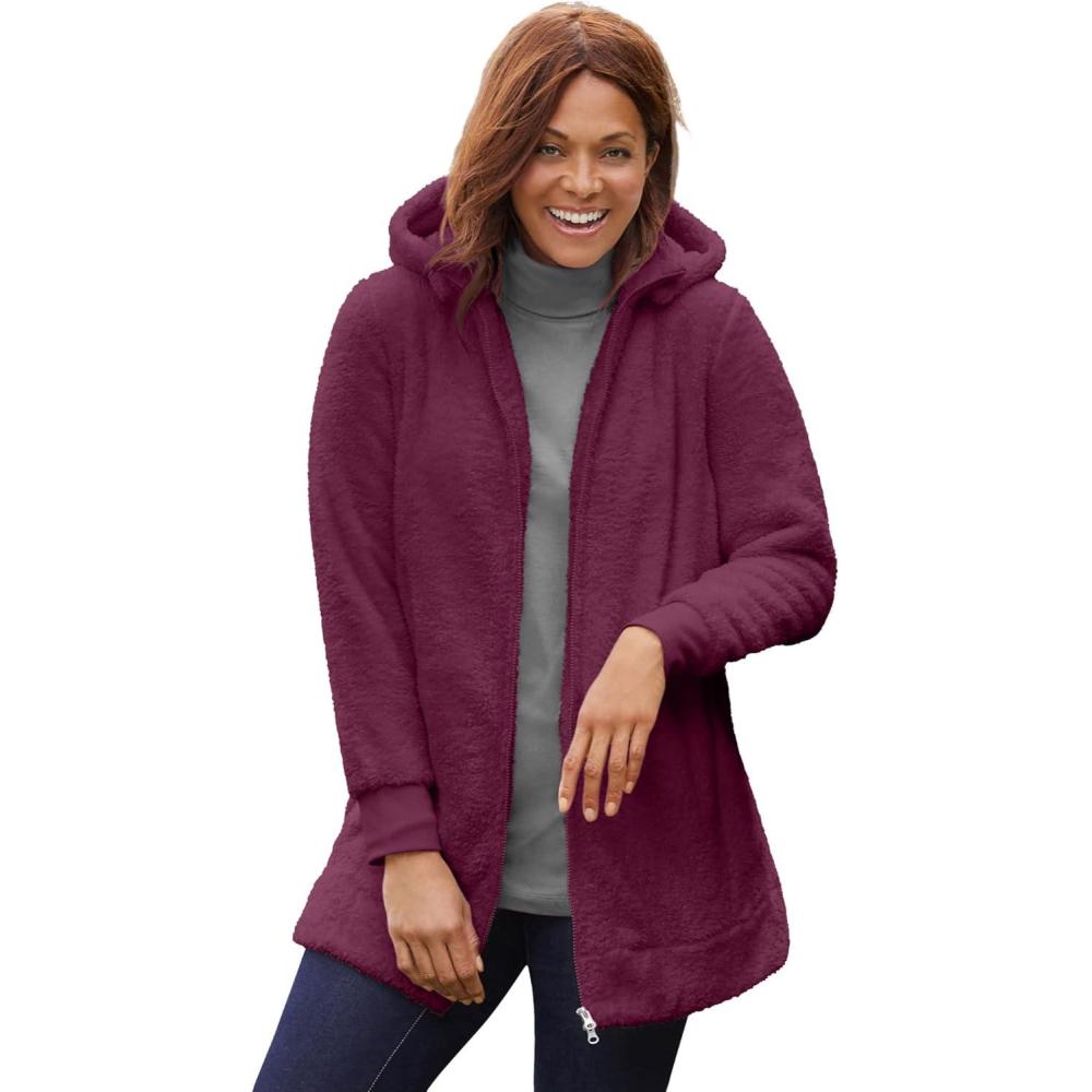 image:imageWoman Within Plus Size Fleece Hooded Jacket Long Oversized ZipUp Fuzzy HoodieDeep Claret