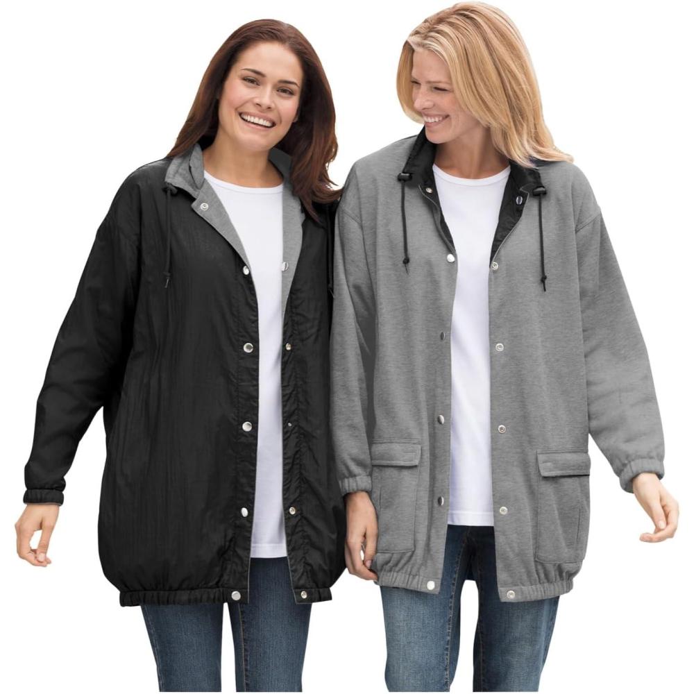 image:imageWoman Within Plus Size Fleece Nylon Reversible JacketBlack Medium Heather Grey