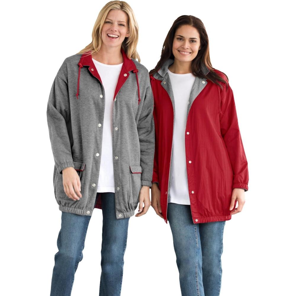 image:imageWoman Within Plus Size Fleece Nylon Reversible JacketClassic Red Medium Heather Grey
