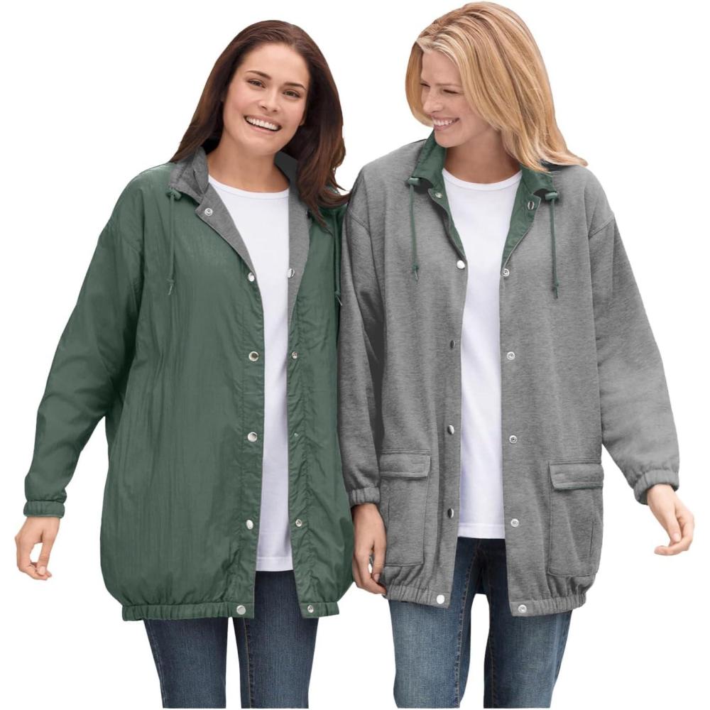 image:imageWoman Within Plus Size Fleece Nylon Reversible JacketPine Medium Heather Grey