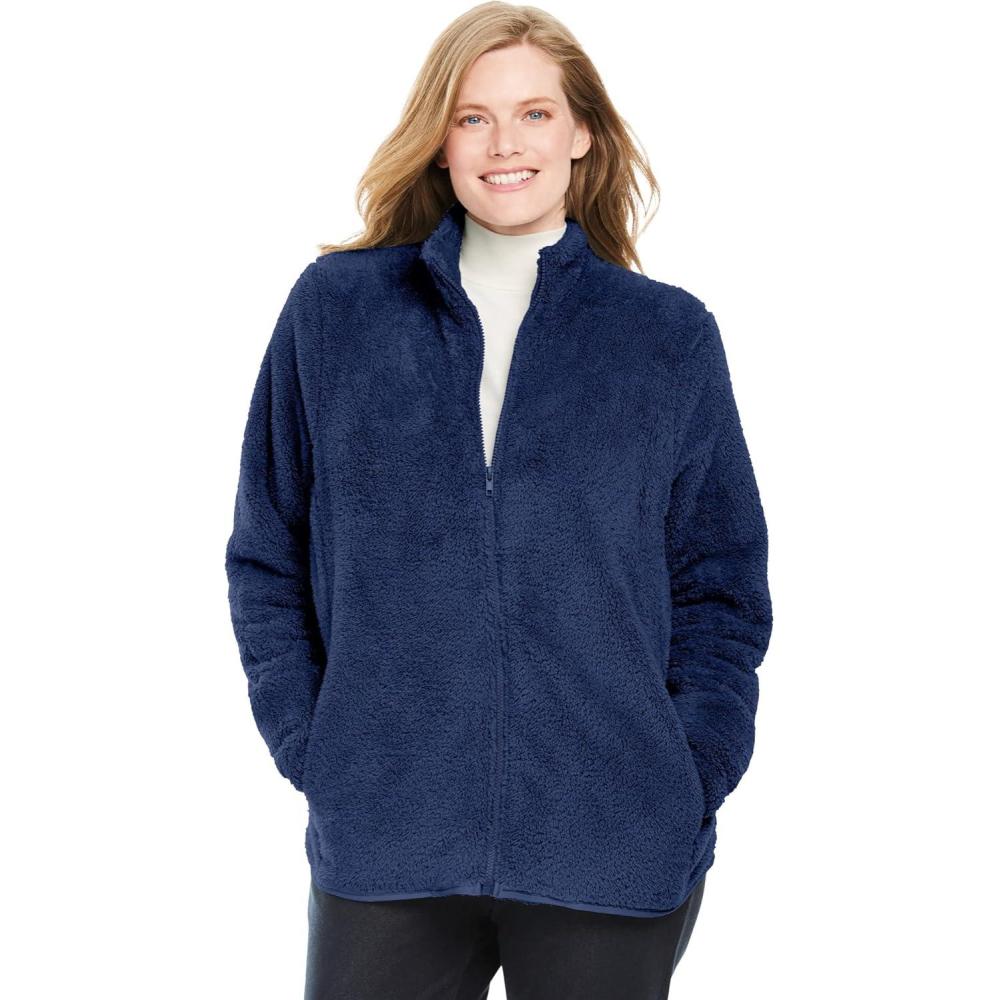 image:imageWoman Within Plus Size Fluffy Fleece Jacket Oversized ZipUp JacketEvening Blue