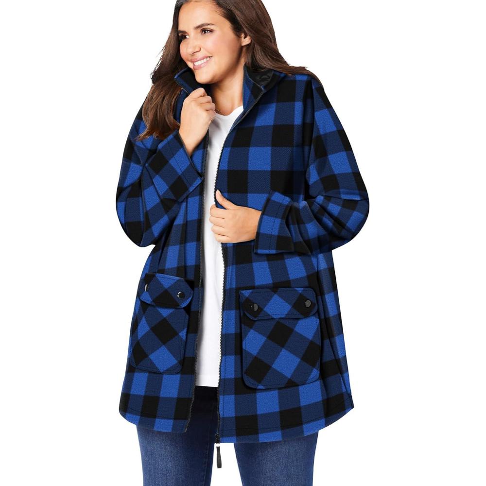 image:imageWoman Within Plus Size Hooded Fleece CoatBright Cobalt Buffalo Plaid