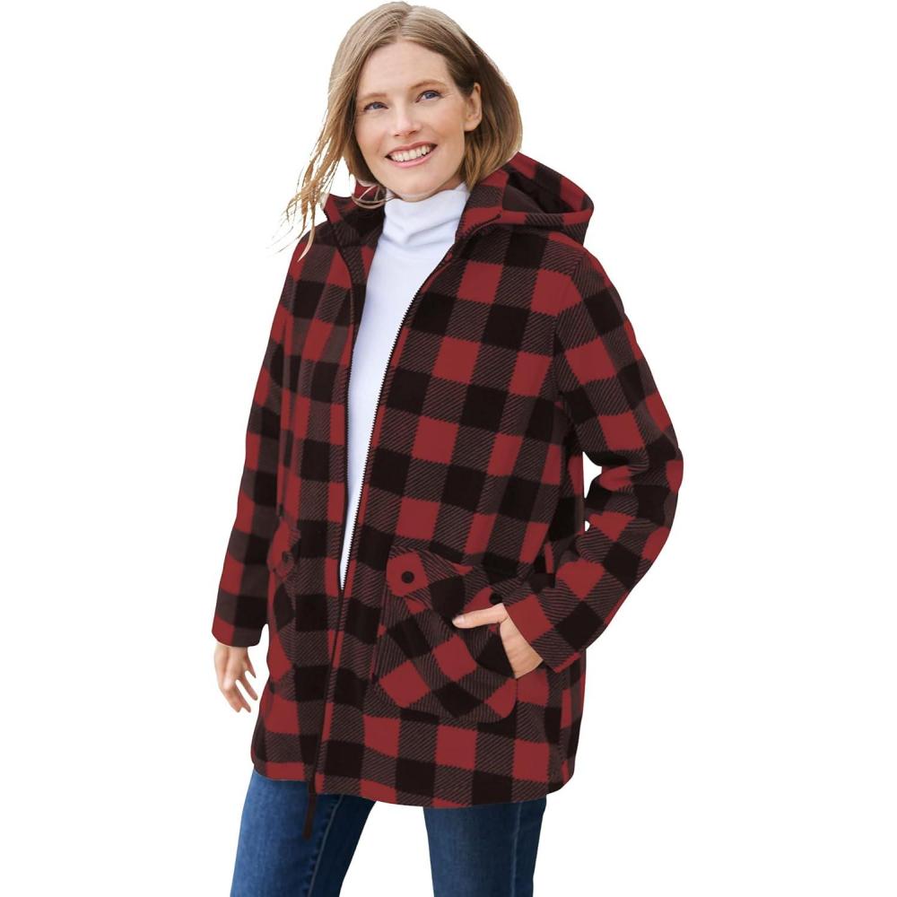 image:imageWoman Within Plus Size Hooded Fleece CoatClassic Red Buffalo Plaid