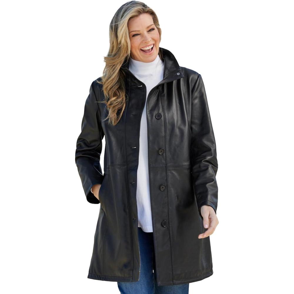 image:imageWoman Within Plus Size Leather Swing CoatBlack