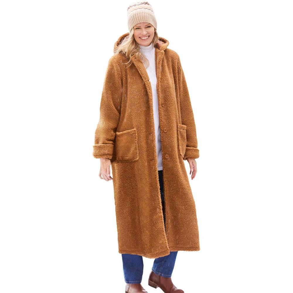 image:imageWoman Within Plus Size Long Hooded Berber Fleece CoatToffee