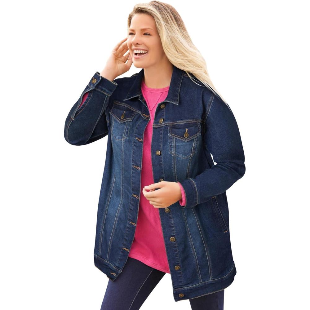 image:imageWoman Within Plus Size Long Stretch Denim Jacket Oversized Jean JacketMidnight Sanded