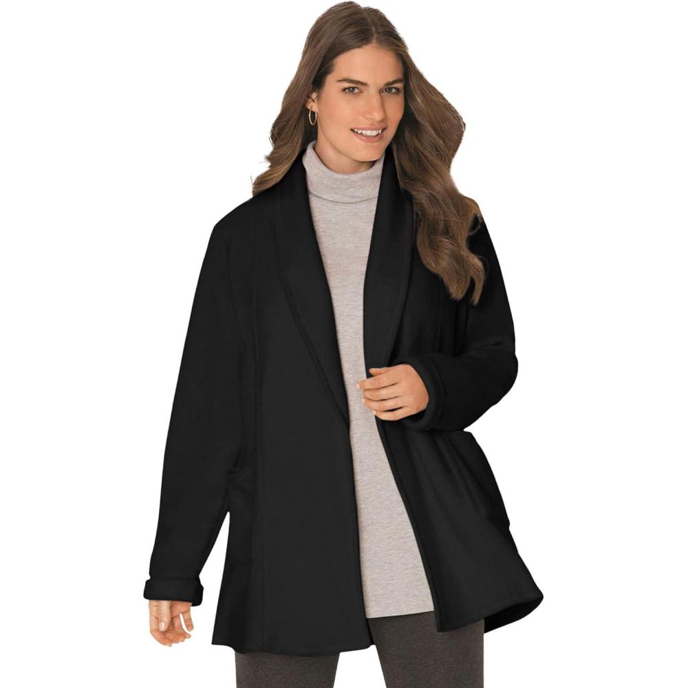 image:imageWoman Within Plus Size Microfleece Cardigan Shawl Collar Oversized Long Open JacketBlack