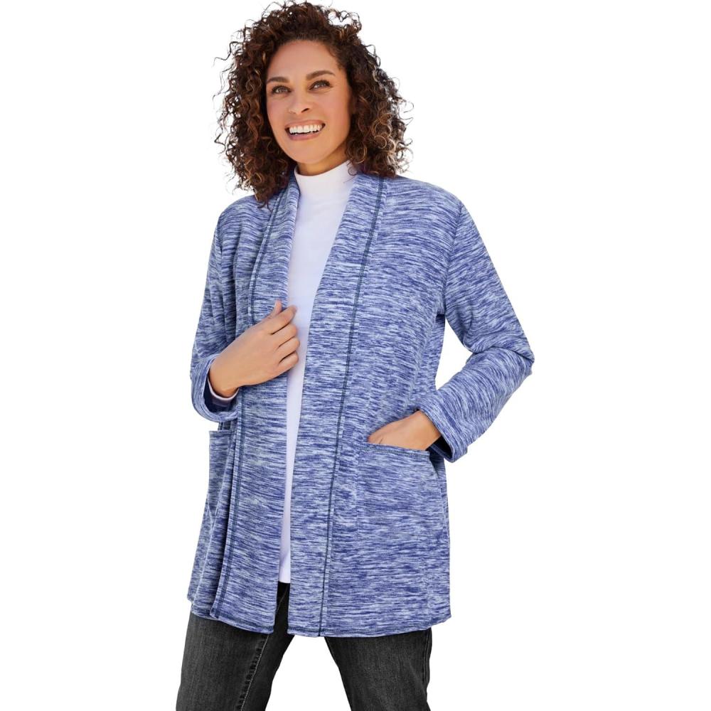 image:imageWoman Within Plus Size Microfleece Cardigan Shawl Collar Oversized Long Open JacketEvening Blue Marled