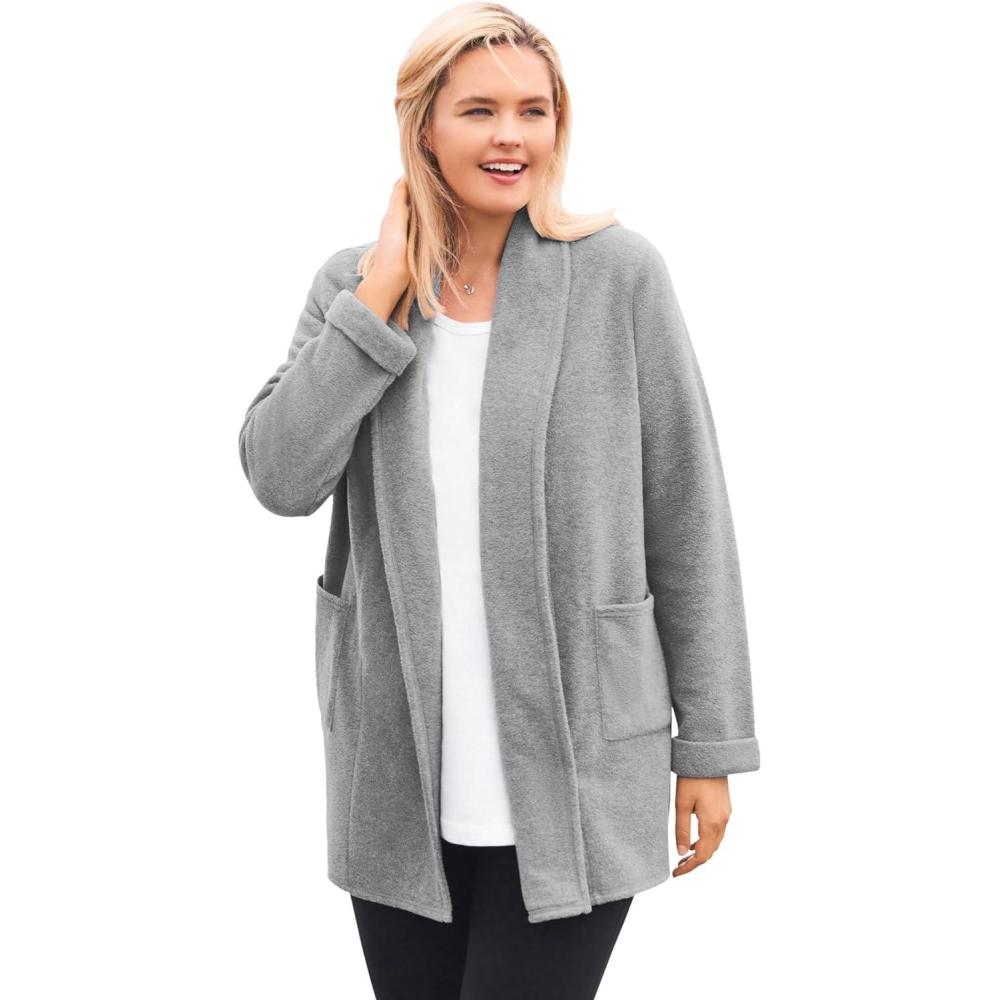 image:imageWoman Within Plus Size Microfleece Cardigan Shawl Collar Oversized Long Open JacketMedium Heather Grey