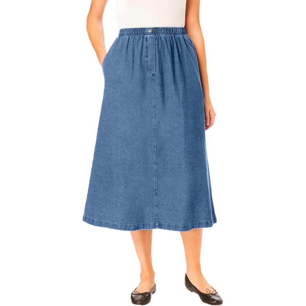 image:imageWoman Within Plus Size Petite 7Day ElasticWaist AllCotton PullOn Denim Jeans SkirtLight Stonewash