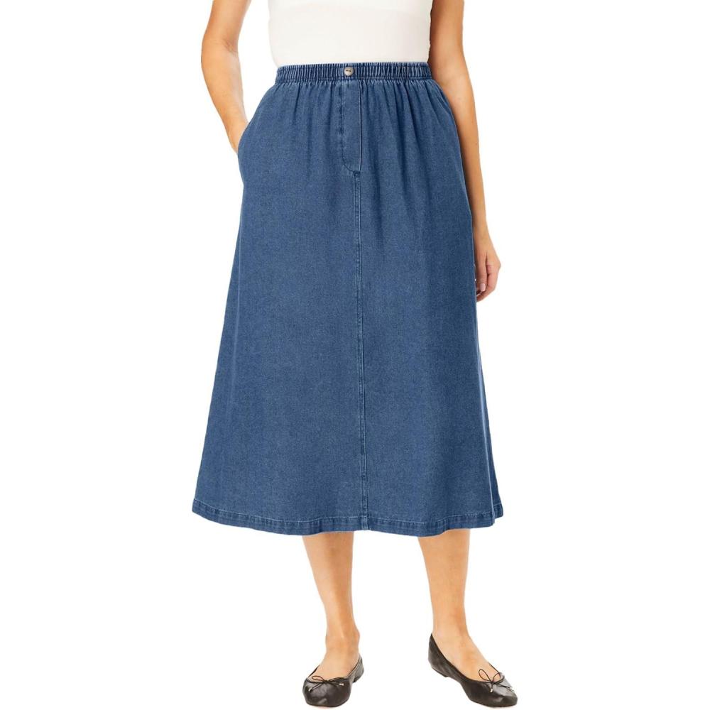 image:imageWoman Within Plus Size Petite 7Day ElasticWaist AllCotton PullOn Denim Jeans SkirtMedium Stonewash