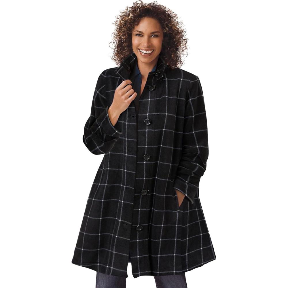 image:imageWoman Within Plus Size Petite Fleece Swing FunnelNeck CoatBlack Windowpane Plaid