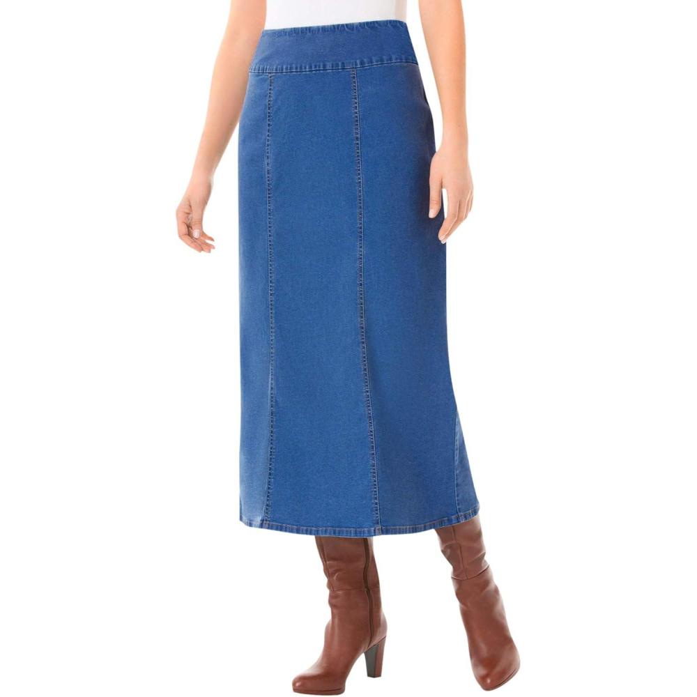 image:imageWoman Within Plus Size Petite PullOn ElasticWaist Stretch Denim SkirtMedium Stonewash